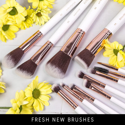 Beauty White 15Piece Award Winning Professional Makeup Brush Set: Vegan Makeup Brushes with Case, Makeup Sponge, Cleaner, Guide, Gift Box